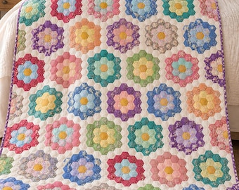 Grandmother's Flower Garden Quilt Pattern PDF | Sunday Garden EPP Hexagon Quilt, 56 x 78