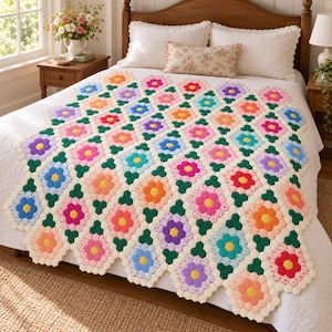 May include: A handmade quilt featuring a repeating pattern of hexagonal flower motifs in various colors including pink, orange, yellow, blue, and purple. The flowers are connected by dark green hexagonal shapes and bordered by white fabric.