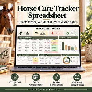 Può includere: Un foglio di calcolo digitale per il monitoraggio della cura dei cavalli visualizzato su uno schermo di un portatile. L'interfaccia include tabelle per i programmi di cura, grafici a barre, registri delle attività e un grafico a torta.