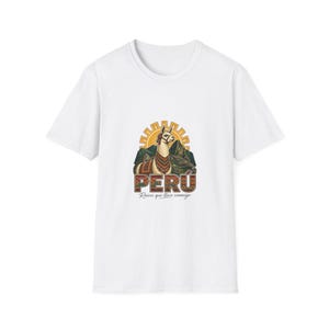 May include: A white short-sleeved t-shirt featuring a graphic of a llama wearing a patterned blanket in front of mountains and a sun. The text PERÚ is displayed in large letters with a geometric pattern, followed by the text Raíces que llevo conmigo.