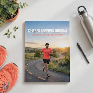 Op de afbeelding: Een 12-Week Running Journal Beginner Training Log & Planner boek met een coverafbeelding van een hardloper op een kronkelende weg bij zonsondergang, vergezeld door een paar feloranje sportschoenen, een zilveren metalen drinkfles en een zwarte pen.