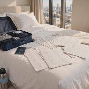 Op de afbeelding: Een marineblauwe koffer met opgevouwen kleding, een donkerblauw paspoort en verschillende stapels witte bedrukte documenten verspreid over een wit bedsprei. Een paar witte sportschoenen en een zilveren metalen waterfles staan in de buurt.