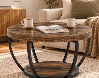 Round Coffee Table with Storage Shelf, 2-Tier Industrial Design, Rustic Brown or Wood Grain