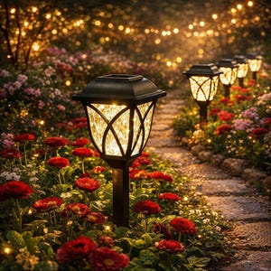 May include: A series of black solar-powered garden path lights with textured glass panels and warm internal illumination, positioned along a stone walkway surrounded by vibrant red flowers and lush green foliage in a garden setting.