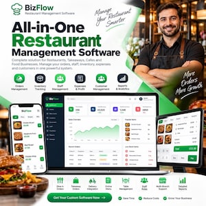 May include: BizFlow restaurant management software displayed on a laptop, smartphone, and tablet. The interface shows dashboards for orders, inventory, staff, and analytics. The text reads All-in-One Restaurant Management Software and Manage Your Restaurant Smarter.