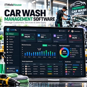 Może przedstawiać: Ekran laptopa wyświetlający pulpit nawigacyjny oprogramowania do zarządzania myjnią samochodową Clean Ko z ciemnym interfejsem, pokazujący wskaźniki przychodów, listy wizyt, wykres kołowy typów mycia oraz statystyki usług.