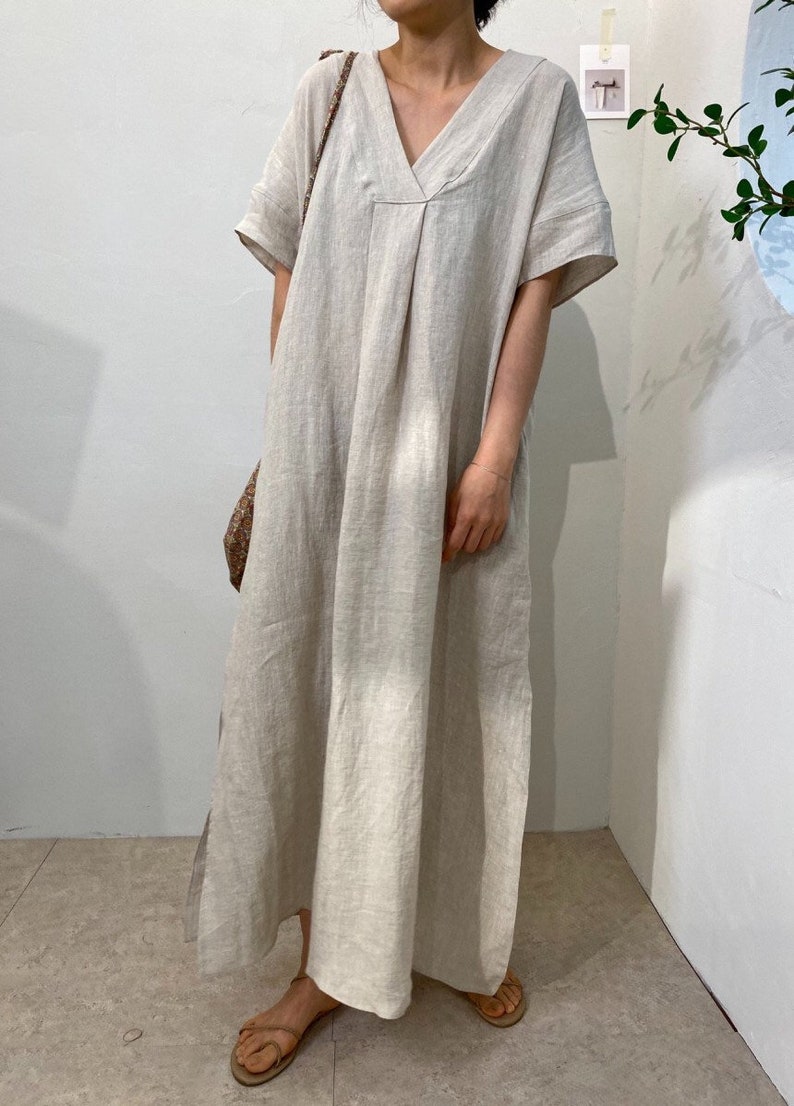 Deep Plunge Linen Maxi Dress Linen Dress Beige Linen Dress - Etsy