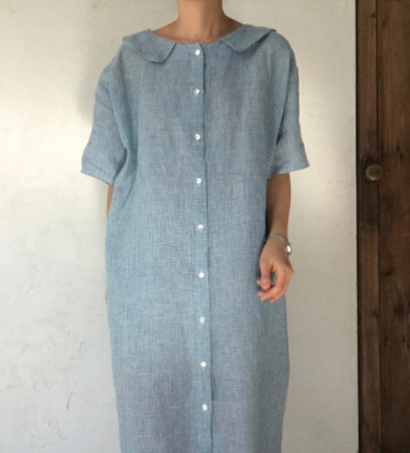 Block Check Button Down Linen Dress, Two Way Linen Dress, Blue Check ...