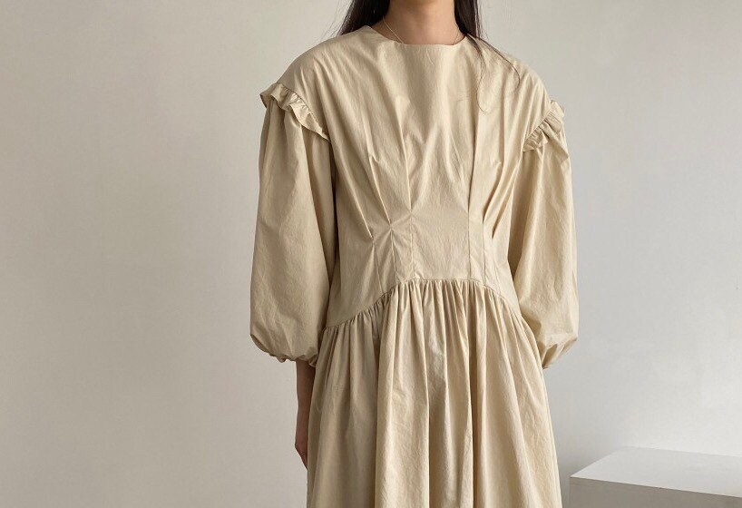 Dress Pin Tuck Balloon Sleeves Cotton 