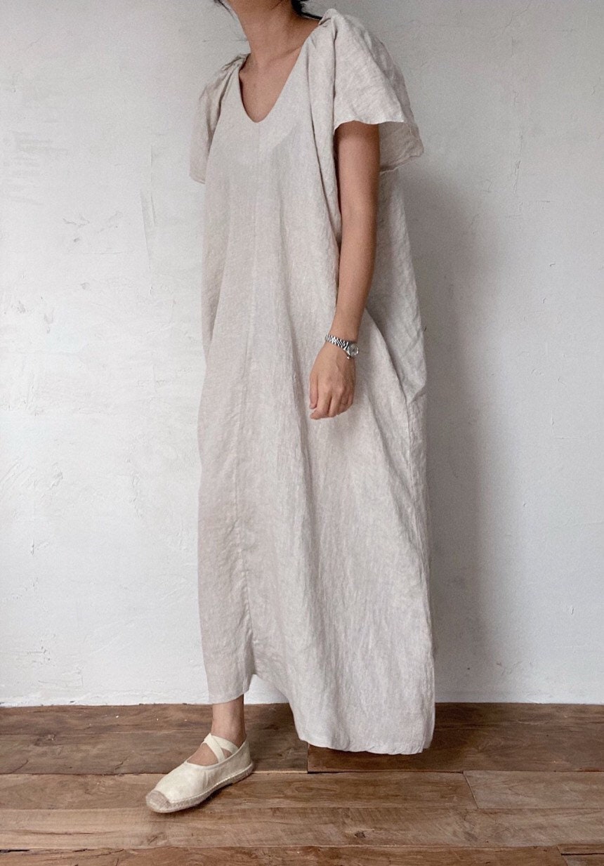 Two Way Linen Dress, Minimal Linen Maxi Dress, Plain Linen Dress, Beige ...