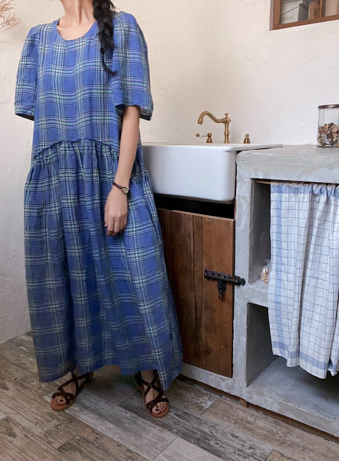Check Linen Dress Orange Check Linen Dress Blue Check Linen - Etsy