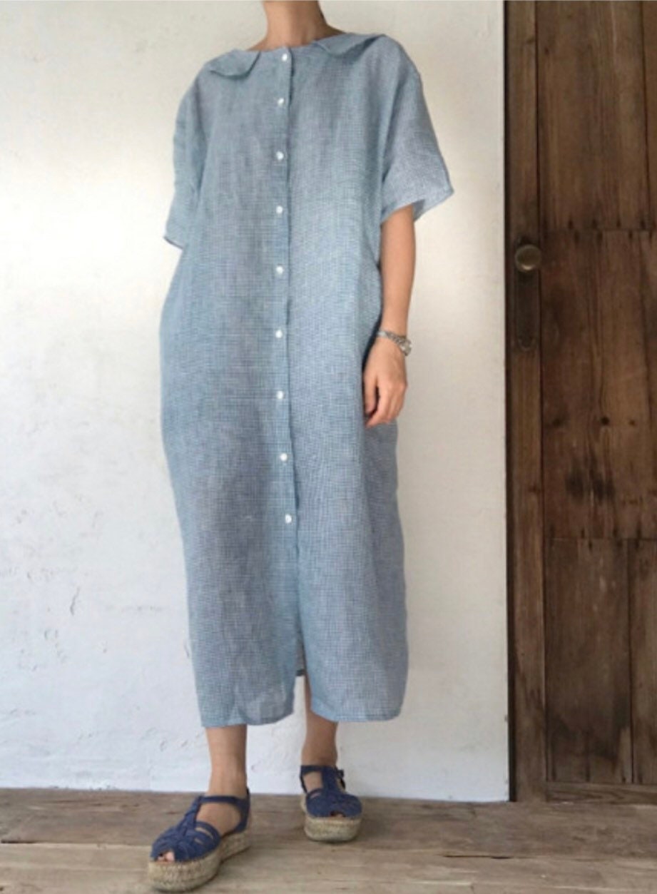 Block Check Button Down Linen Dress, Two Way Linen Dress, Blue Check ...