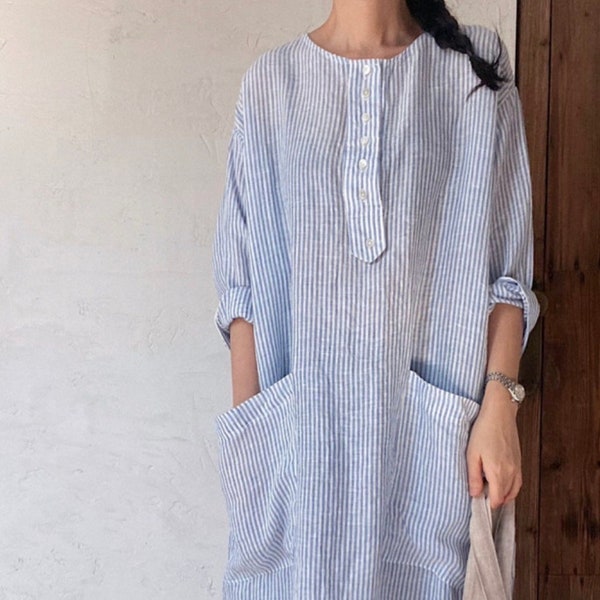 Linen shirt tunic dress, Shirt linen dress, Blue striped linen shirt dress, White linen tunic dress, Minimal linen dress