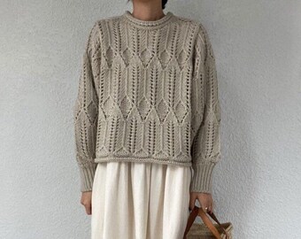 Vintage inspired wool sweater, Beige wool sweater, Blue wool sweater, Grandma sweater, Cozy sweater