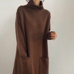 Minimal mandarin collar plain fine wool and cashmere blended maxi dress, Brown wool dress, Gray maxi wool dress