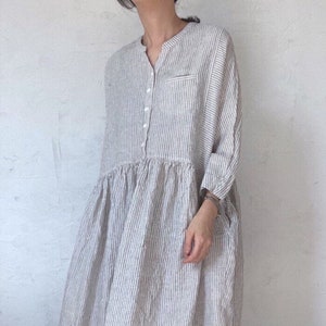 Mandarin collar button down maxi linen dress, Minimal striped pattern linen dress, Henry neck linen full dress, Pure linen maxi dress