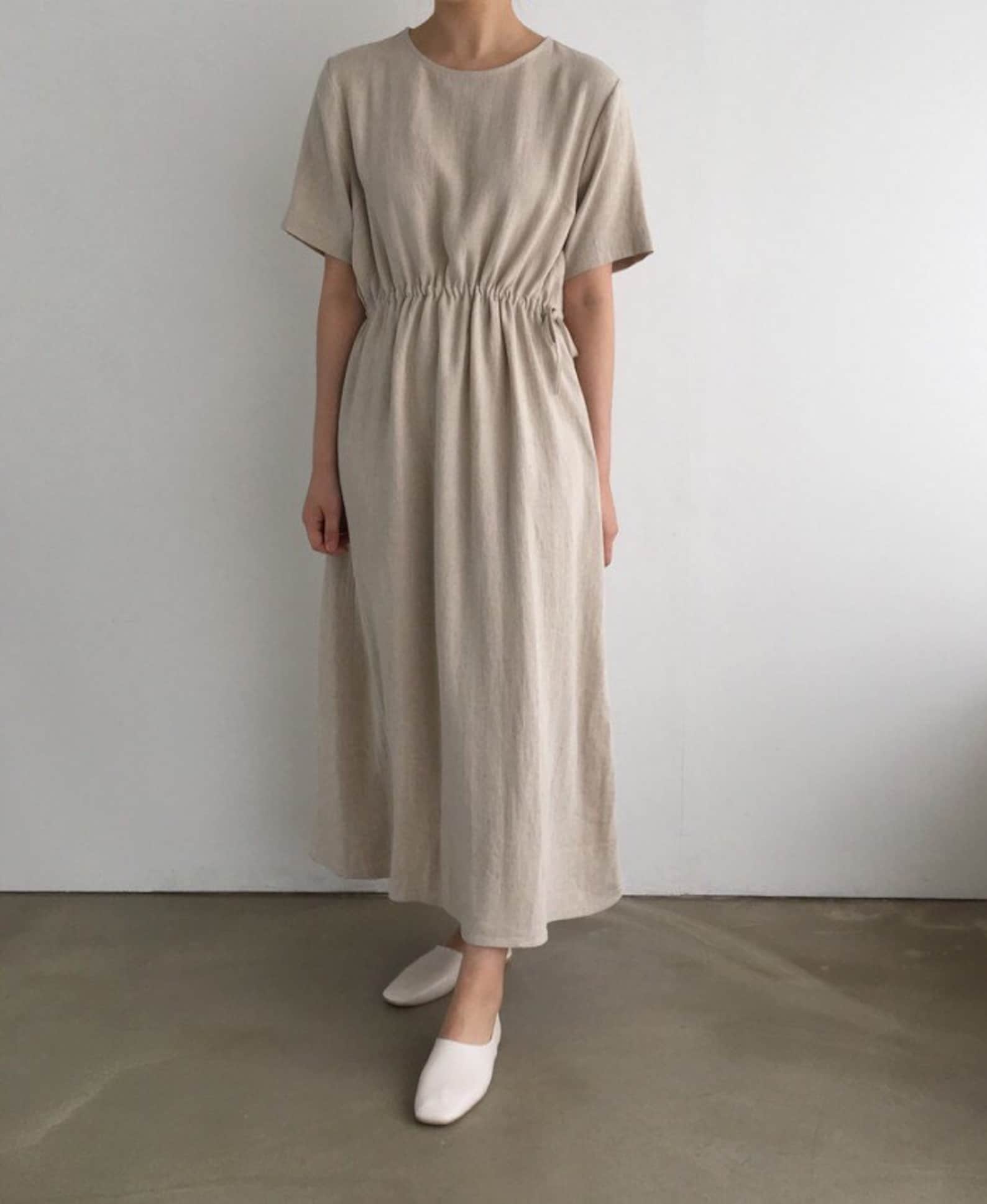 Chunky Herringbone Linen Dress, Two Way Simple Waist String Linen Dress ...