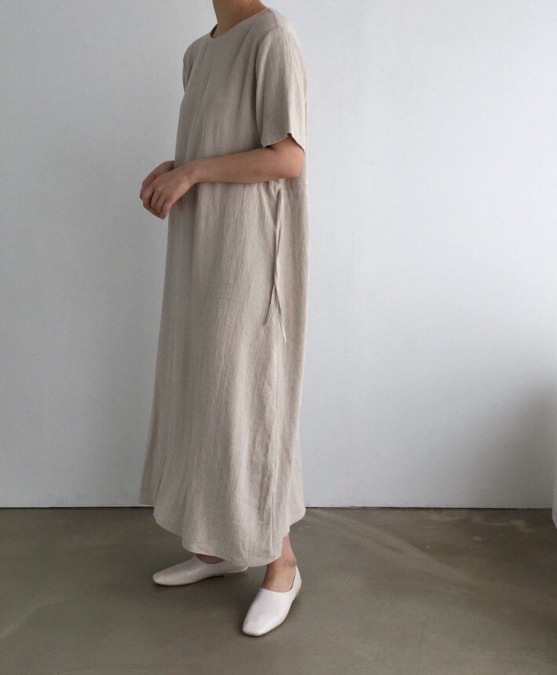 Chunky Herringbone Linen Dress, Two Way Simple Waist String Linen Dress ...