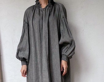 Smocked frill collar maxi linen and cotton dress, Pilgrim maxi linen dress, Minimal black herringbone cottage cotton dress