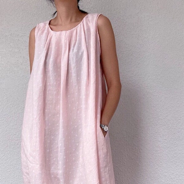 Dot embossed linen sleeveless maxi dress, Dot pattern pink linen dress, Pink maxi linen dress, Cocoon fit linen dress, Minimal linen dress