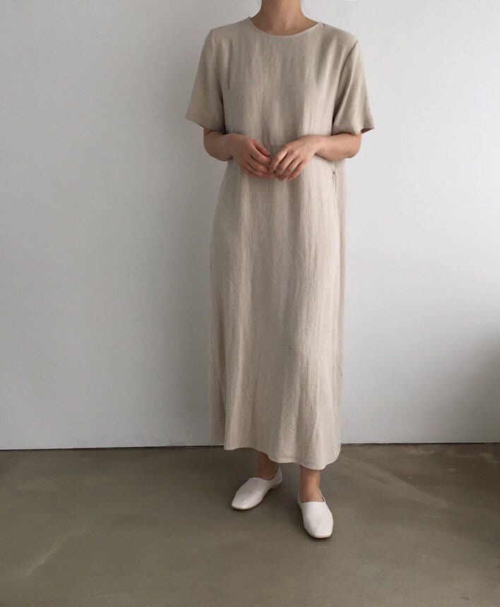Chunky Herringbone Linen Dress Two Way Simple Waist String | Etsy