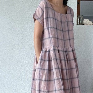 Square check pattern pure linen dress, Check linen long dress, Square neckline linen dress, Natural mood linen dress, Pink linen dress