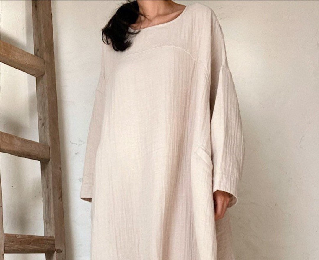 Double Faced Plain Cotton Dress, Raglan Sleeves Cocoon Fit Maxi Dress