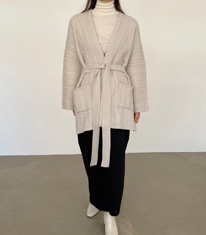 Belted wool cable knit cardigan Minmalist knit cardigan | Etsy