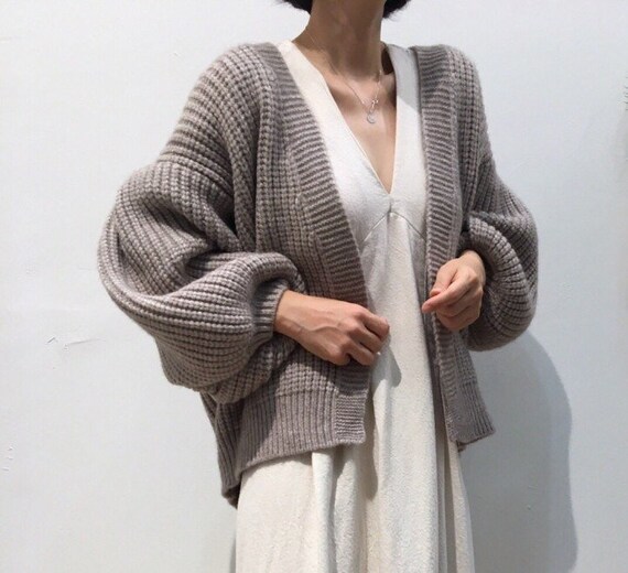 Exaggerated Balloon Sleeve Cropped Knit Cardigan Vintage Inspired