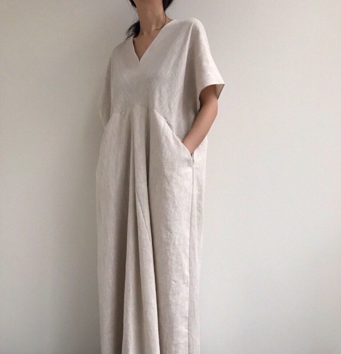 Deep plunge plain linen dress Chunky linen dress Minimal | Etsy
