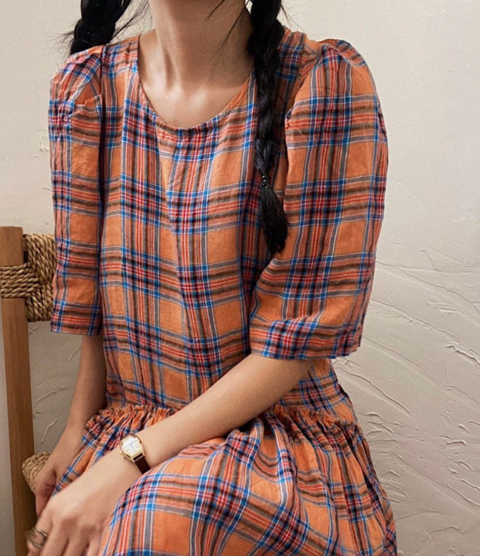 Check Linen Dress Orange Check Linen Dress Blue Check Linen - Etsy