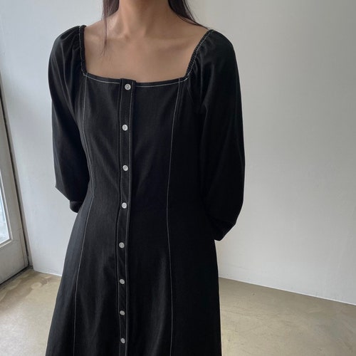 Square neckline maxi denim dress, Maxi denim dress, Black denim shops dress, Blue denim dress, Feminine denim dress