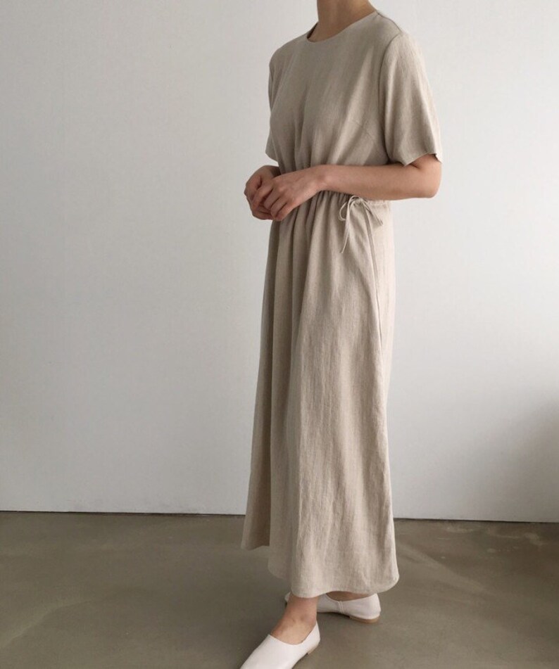 Chunky Herringbone Linen Dress, Two Way Simple Waist String Linen Dress ...