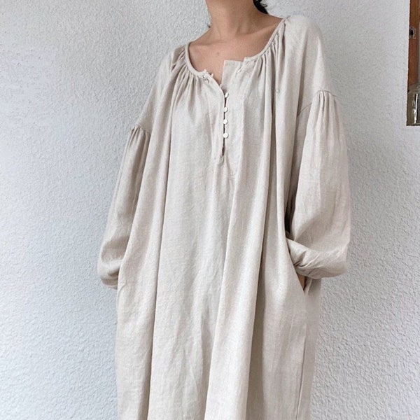 Pilgrim maxi dress, Cottage linen and cotton blended maxi dress, Drop shoulder linen maxi dress, Beige linen dress, Grayish black dress