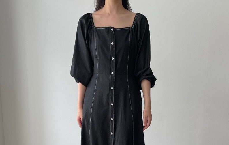 Square neckline maxi denim dress, Maxi denim dress, Black denim shops dress, Blue denim dress, Feminine denim dress