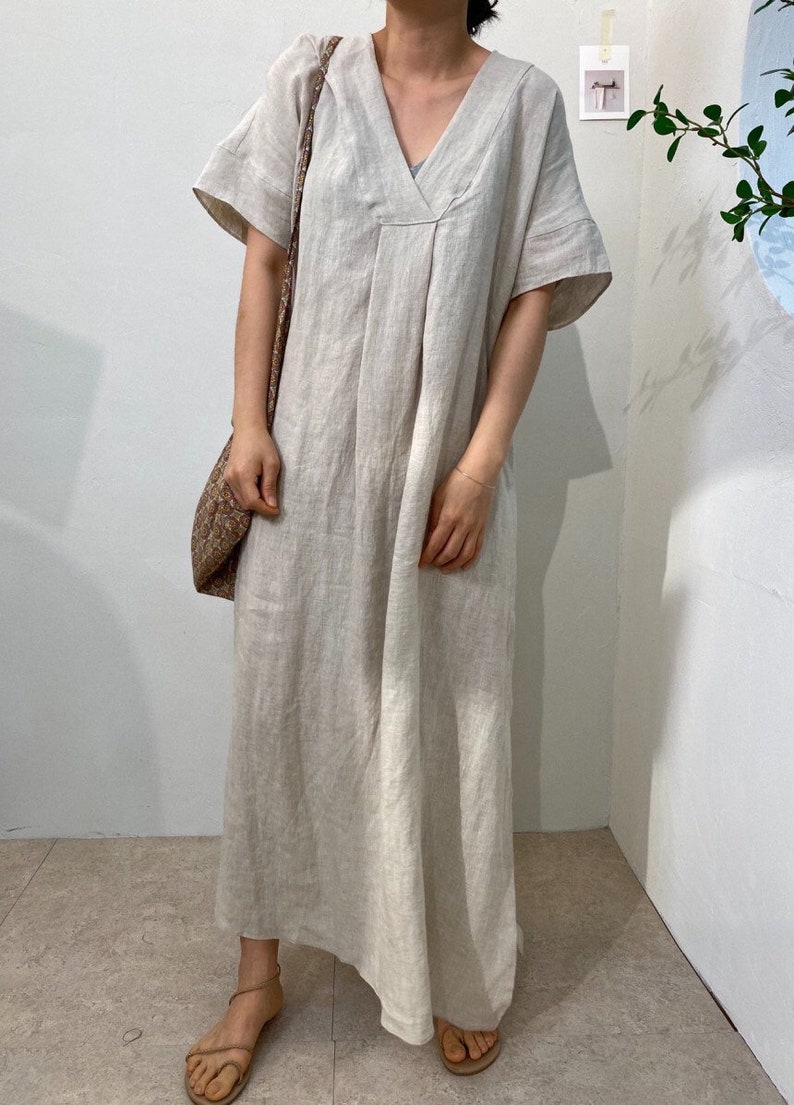 Deep plunge linen maxi dress Linen dress Beige linen dress | Etsy