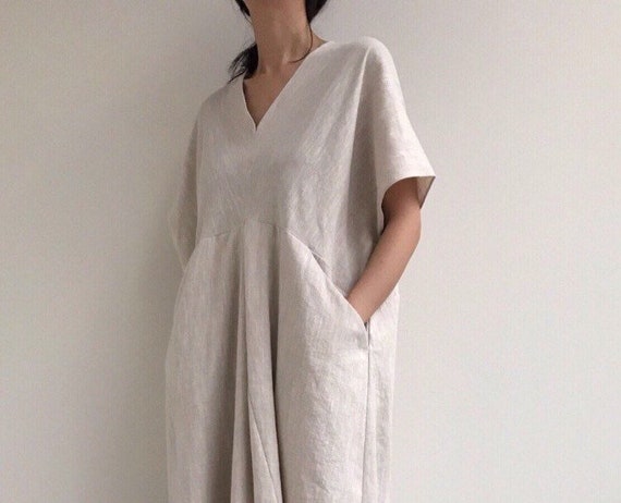 Deep plunge plain linen dress Chunky linen dress Minimal | Etsy