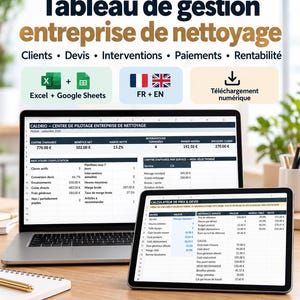 Peut inclure: Un tableau de bord numérique de gestion pour entreprise de nettoyage nommé CALDRIO, affiché sur un écran d'ordinateur portable et une tablette. L'interface présente des données financières, des indicateurs de service et un calculateur de prix.