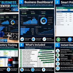 Peut inclure: Un modèle Excel numérique 3D Print Business Command Center Pro v2.1 comprenant un tableau de bord, un calculateur de prix, un suivi des commandes et des stocks, et des outils de gestion des dépenses affichés sur des écrans avec des graphiques.
