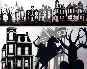 May include: Black silhouette of a spooky Halloween scene with a headless horseman riding a horse, a graveyard with tombstones, and a row of houses in the background.
