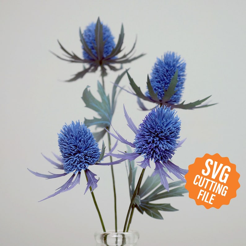 May include: A bouquet of four blue thistle flowers with green leaves in a clear glass vase. The flowers are arranged in a vase on a white background. The image includes the text "SVG CUTTING FILE".