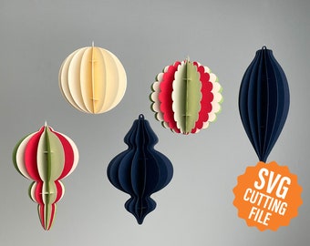 SVG Paper Ornament Collection, Set of Five Holiday Ornaments for Cricut, Silhouette, and Laser Cutters