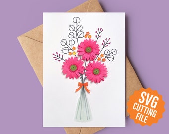 3D Flower Card, Gerbera Daisy Greeting Card SVG Template for Cricut and Silhouette Cutting Machines | Birthday Card SVG