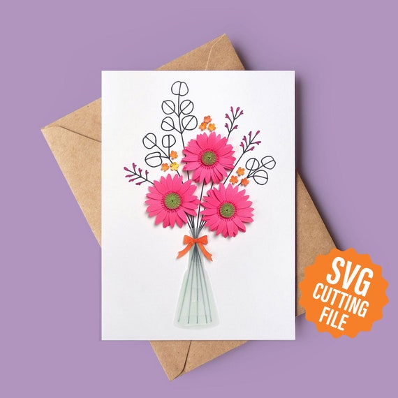 3D Flower Card, Gerbera Daisy Greeting Card SVG Template for Cricut and Silhouette Cutting Machines | Birthday Card SVG