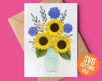 3D Blumen Karte, Sonnenblume & Hortensie Grußkarte SVG Vorlage für Cricut und Silhouette Schneidemaschinen