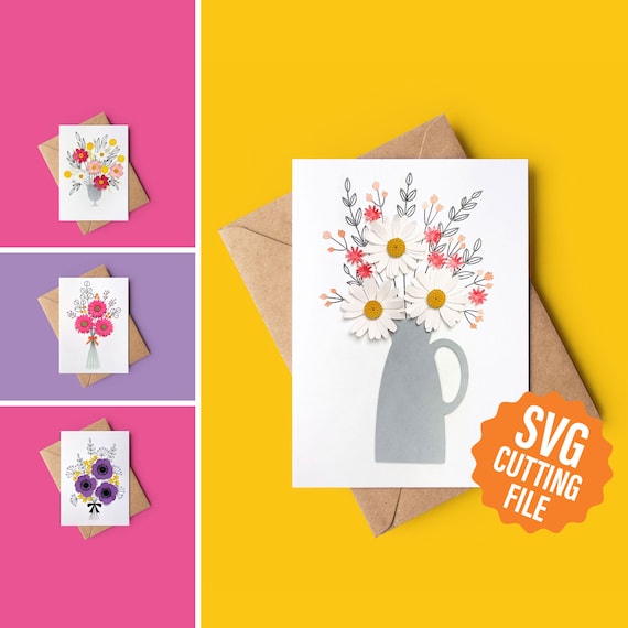 Bundle: 3D Flower Cards, Four Greeting Card SVG Templates for Cricut and Silhouette Cutting Machines