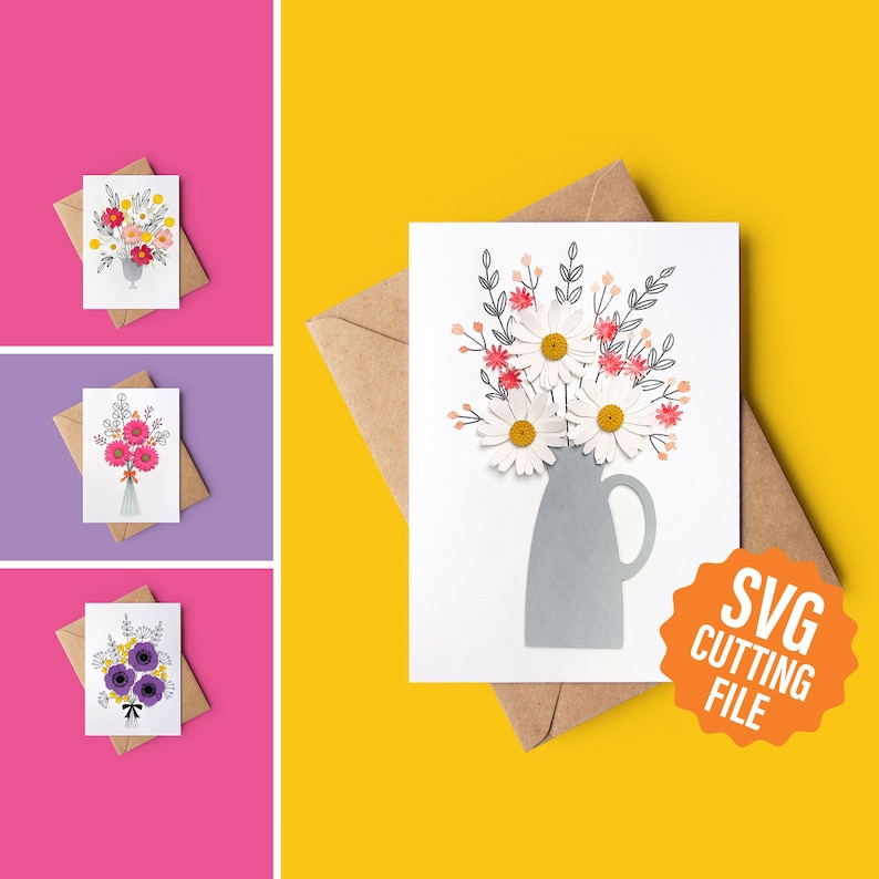 May include: Three different card designs featuring a bouquet of flowers in a vase. The flowers are white with pink accents. The cards are on a pink, purple, and yellow background. The text "SVG CUTTING FILE" is on an orange circle.