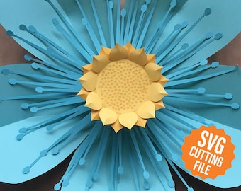 May include: A blue paper flower with a yellow center. The flower has a layered design with multiple petals and a textured center. The image includes the text "SVG CUTTING FILE".