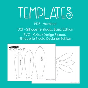 Pode incluir: Modelos de papel branco para uma flor de Gerbera Daisy, com o texto "TEMPLATES" no topo. Os modelos incluem formatos PDF, DXF e SVG para corte com Silhouette Studio e Cricut Design Space. O texto "GERBERA DAISY 19" tamb&eacute;m &eacute; vis&iacute;vel.