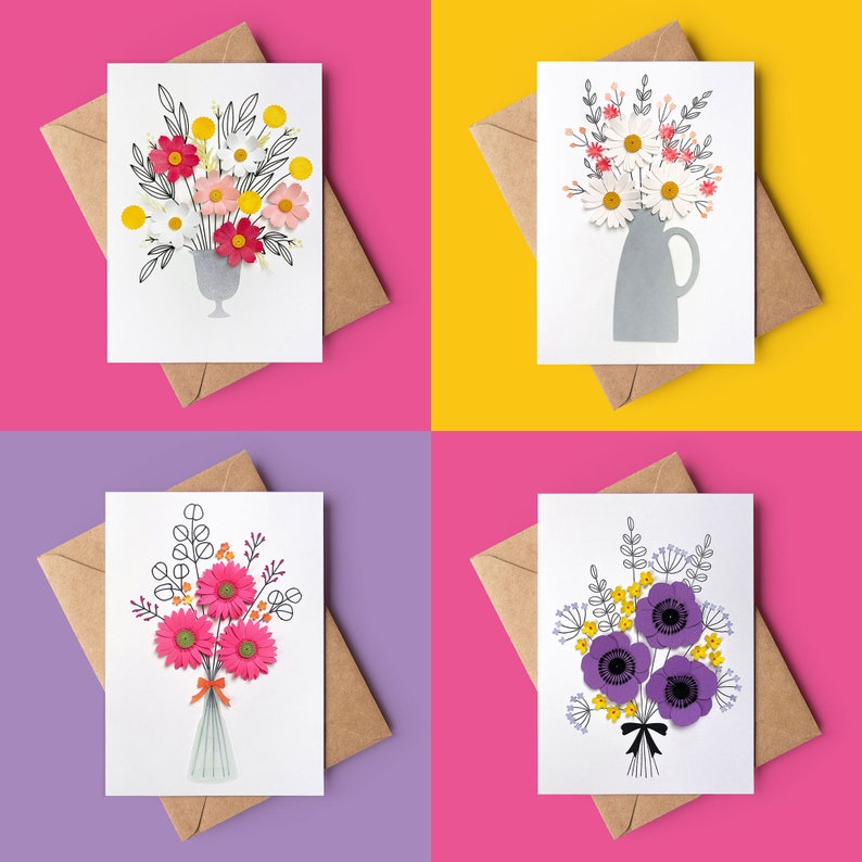 May include: Four greeting cards featuring floral designs. Each card showcases a different bouquet of flowers in a vase. The flowers are in shades of pink, purple, and white. The cards are all white with black outlines.